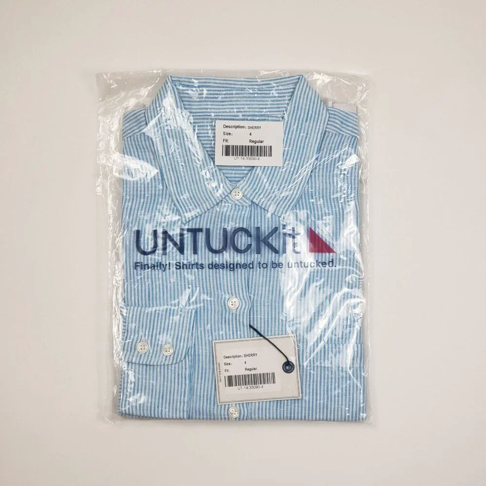 UNTUCKit Sherry Linen LS Shirt Womens Size 4 Light Turquoise Blue & White Stripe - Picture 10 of 15